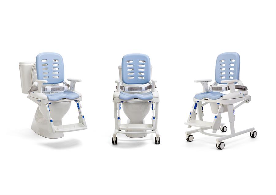 The Rifton HTS's versatility allows for use on and off the toilet,- shown with options,