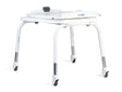 Tub transfer base for Rifton Wave Bath System|Sit in chair and roll back over the tub and set the brakes.|The bath chair is rotated 90° and feet move into tub.  Note: Take care to select the direction of the pivot, clockwise or counterclockwise (The tub transfer shown is pivoting clockwise.|Tub transfer legs fold for storage|Use the Tub Transfer manually or with a portable lift|2 leg heights, standard for tubs 20" or less from the floor and long for tubs greater than 20"|Wall hook included for wall storage