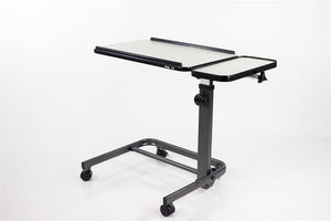 Acrobat Adjustable Overbed Table is great for working, eating or activities|Height adjustments can be made with an easy to access knob|Table comes with 4 locking casters|Diagram shows measurements and degree of tilt for Overbed table