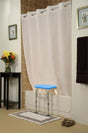 Benchmate Split Shower Curtain in White|Benchmate Split Shower Curtain in Beige|Closeup on curtain "splits" to go over transfer legs