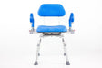 Padding covers back, seat and arms|The Revolution Shower Chair swivels 360 degrees|Padded arms lift independently|Diagram with measurements for The Revolution Shower Chair