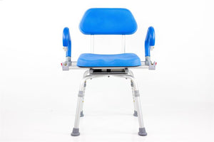 Padding covers back, seat and arms|The Revolution Shower Chair swivels 360 degrees|Padded arms lift independently|Diagram with measurements for The Revolution Shower Chair
