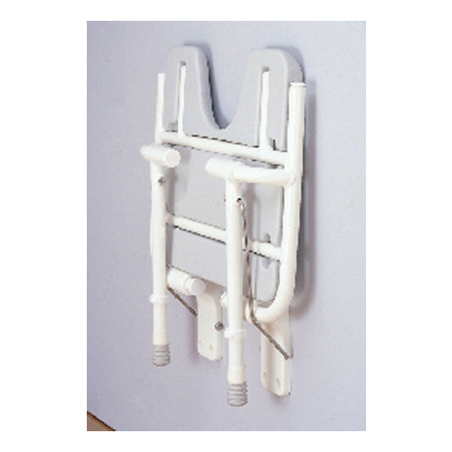 Wall Mounted Shower Seat comes with a plastic seat and aluminum legs|Seat folds up to make more compact in smaller showers