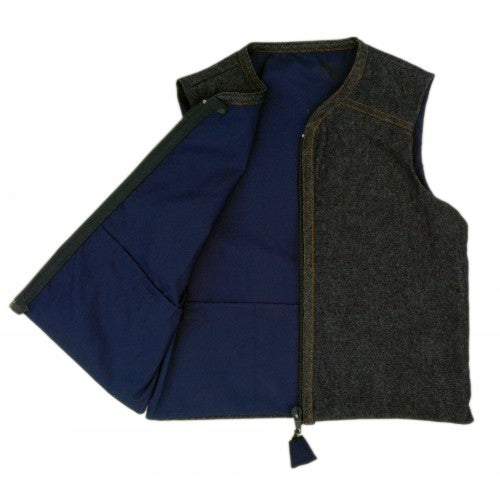 Child wearing the Kozie Clothes Signature Denim Weighted Vest|Back view of the Kozie Clothes Signature Denim Weighted Vest|Pockets allow users to add or subtract weight from vest at will|Vest is easy to zip with tassle zipper|Inside is made from durable cotton with 5 pockets to insert weights|Add and subtract weights as needed|Stylish gold stitching|Additional weights can be purchased