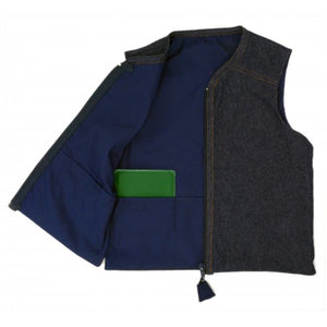 Child wearing the Kozie Clothes Signature Denim Weighted Vest|Back view of the Kozie Clothes Signature Denim Weighted Vest|Pockets allow users to add or subtract weight from vest at will|Vest is easy to zip with tassle zipper|Inside is made from durable cotton with 5 pockets to insert weights|Add and subtract weights as needed|Stylish gold stitching|Additional weights can be purchased