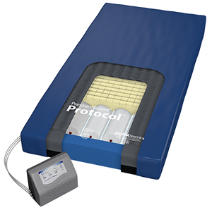Span America PressureGuard Protocol Therapy Mattress with microclimate managment (LAL) and alternating pressures for high risk users.|Patented Microclimate low air loss therapy to wick away moisture and heal skin.|Controller is quiet, produces less heat and uses less electricity|Geo-Mat foam topper with heel slope to protect skin and add comfort.|Safety Edge sides provides support for transfers
