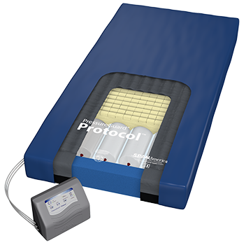 Span America PressureGuard Protocol Therapy Mattress with microclimate managment (LAL) and alternating pressures for high risk users.|Patented Microclimate low air loss therapy to wick away moisture and heal skin.|Controller is quiet, produces less heat and uses less electricity|Geo-Mat foam topper with heel slope to protect skin and add comfort.|Safety Edge sides provides support for transfers