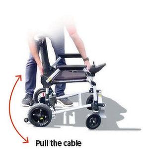 Zoomer - Black|Zoomer - Blue|Quick guide to the Zoomer|Lightweight 52# and easy to drive inside or outside|Joystick comes standard on right but can easily remount on the left by user|Comfort Seating|25 inch turning radius for easy indoor turns|Easy to fold - step 1 pull the cable|Easy to fold - step 2 fold the chair|Easy to fold - step 3 roll away|Slide up to the table or desk with no problem||Easily Scales up to a 10° incline|Fits in nearly any vehicle within seconds