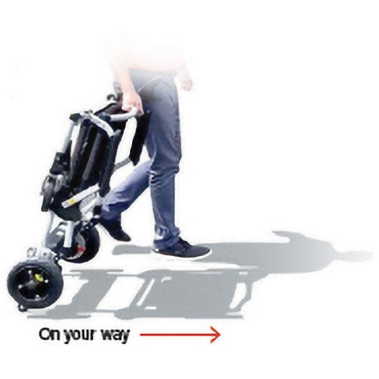 Zoomer - Black|Zoomer - Blue|Quick guide to the Zoomer|Lightweight 52# and easy to drive inside or outside|Joystick comes standard on right but can easily remount on the left by user|Comfort Seating|25 inch turning radius for easy indoor turns|Easy to fold - step 1 pull the cable|Easy to fold - step 2 fold the chair|Easy to fold - step 3 roll away|Slide up to the table or desk with no problem||Easily Scales up to a 10° incline|Fits in nearly any vehicle within seconds