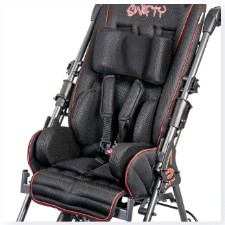 Optional Seat Minimizer for children includes footrest pad, backrest upholstery