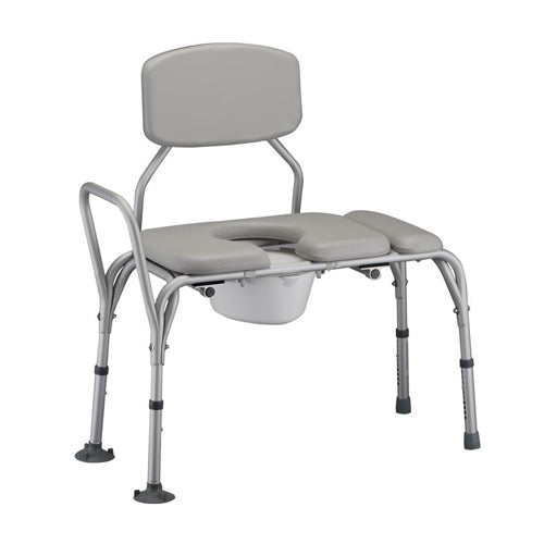 Nova Padded Transfer Bench with Commode|Side view of the Nova Padded Transfer Bench with Commode|Back view of the Side view of the Nova Padded Transfer Bench with Commode|Dimensions of the Nova Padded Transfer Bench with Commode