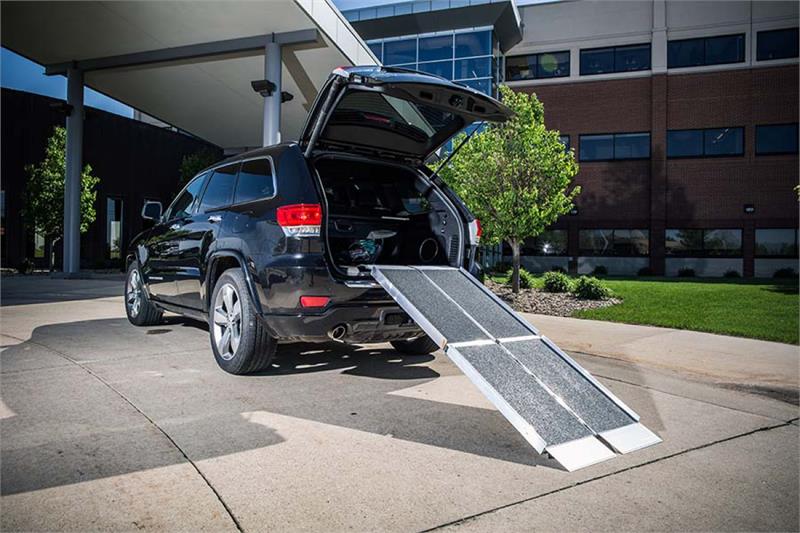 TRIFOLD RAMP Advantage Series Main|TRIFOLD RAMP Advantage Series Angle 1|TRIFOLD RAMP Advantage Series Angle 2|TRIFOLD RAMP Advantage Series Closeup|TRIFOLD RAMP Advantage Series Collapse 1|TRIFOLD RAMP Advantage Series Collapse 2|TRIFOLD RAMP Advantage Series Collapse 3|TRIFOLD RAMP Advantage Series Collapsed|Optional Top Lip Extension adding 6" to clear bumpers of SUV and vans made for wheelchairs and scooters.