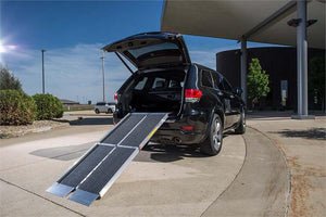 TRIFOLD RAMP Advantage Series Main|TRIFOLD RAMP Advantage Series Angle 1|TRIFOLD RAMP Advantage Series Angle 2|TRIFOLD RAMP Advantage Series Closeup|TRIFOLD RAMP Advantage Series Collapse 1|TRIFOLD RAMP Advantage Series Collapse 2|TRIFOLD RAMP Advantage Series Collapse 3|TRIFOLD RAMP Advantage Series Collapsed|Optional Top Lip Extension adding 6" to clear bumpers of SUV and vans made for wheelchairs and scooters.