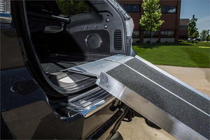 TRIFOLD RAMP Advantage Series Main|TRIFOLD RAMP Advantage Series Angle 1|TRIFOLD RAMP Advantage Series Angle 2|TRIFOLD RAMP Advantage Series Closeup|TRIFOLD RAMP Advantage Series Collapse 1|TRIFOLD RAMP Advantage Series Collapse 2|TRIFOLD RAMP Advantage Series Collapse 3|TRIFOLD RAMP Advantage Series Collapsed|Optional Top Lip Extension adding 6" to clear bumpers of SUV and vans made for wheelchairs and scooters.