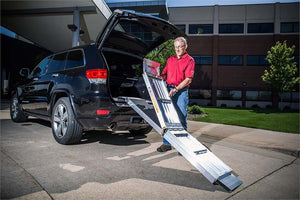 TRIFOLD RAMP Advantage Series Main|TRIFOLD RAMP Advantage Series Angle 1|TRIFOLD RAMP Advantage Series Angle 2|TRIFOLD RAMP Advantage Series Closeup|TRIFOLD RAMP Advantage Series Collapse 1|TRIFOLD RAMP Advantage Series Collapse 2|TRIFOLD RAMP Advantage Series Collapse 3|TRIFOLD RAMP Advantage Series Collapsed|Optional Top Lip Extension adding 6" to clear bumpers of SUV and vans made for wheelchairs and scooters.