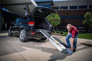TRIFOLD RAMP Advantage Series Main|TRIFOLD RAMP Advantage Series Angle 1|TRIFOLD RAMP Advantage Series Angle 2|TRIFOLD RAMP Advantage Series Closeup|TRIFOLD RAMP Advantage Series Collapse 1|TRIFOLD RAMP Advantage Series Collapse 2|TRIFOLD RAMP Advantage Series Collapse 3|TRIFOLD RAMP Advantage Series Collapsed|Optional Top Lip Extension adding 6" to clear bumpers of SUV and vans made for wheelchairs and scooters.