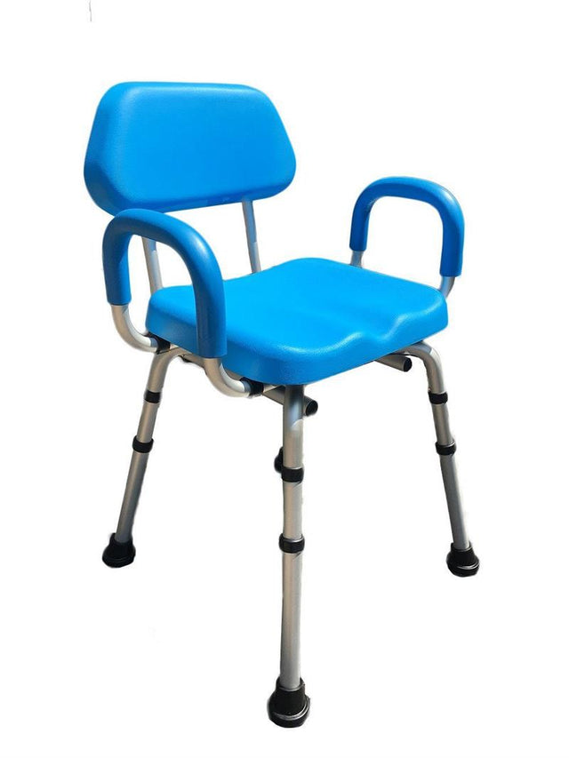 ComfortAble Padded Shower Chair by Platinum Health in blue|ComfortAble Padded Shower Chair with backrest removed|Remove both arms to create a stool|Remove one or both padded arms to customize your chair!|ComfortAble Padded Shower Chair with both arms removed|ComfortAble Padded Shower Chair diagram with measurements