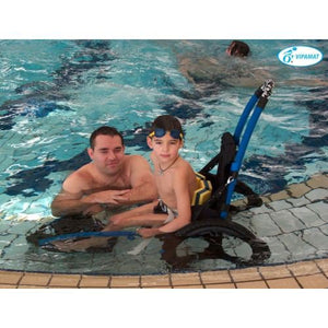 Vipamat Hippocampe Pool Wheelchair Near Pool|Vipamat Hippocampe Pool Wheelchair Front and Side View|Vipamat Hippocampe Pool Wheelchair being used in pool|Vipamat Hippocampe Pool Wheelchair with Child rider|Vipamat Hippocampe Pool Wheelchair with Child rider and assist