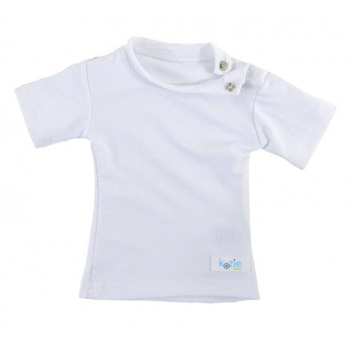 Kozie Clothes Baby Plain And Simple Sensory Compression Short Sleeve Shirt|Plain And Simple Sensory Compression Short Sleeve Shirt in Gray|Plain And Simple Sensory Compression Short Sleeve Shirt in Navy|Plain And Simple Sensory Compression Short Sleeve Shirt in Tropical Blue|Plain And Simple Sensory Compression Short Sleeve Shirt in White|Baby wearing Plain And Simple Sensory Compression Short Sleeve Shirt