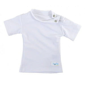 Kozie Clothes Baby Plain And Simple Sensory Compression Short Sleeve Shirt|Plain And Simple Sensory Compression Short Sleeve Shirt in Gray|Plain And Simple Sensory Compression Short Sleeve Shirt in Navy|Plain And Simple Sensory Compression Short Sleeve Shirt in Tropical Blue|Plain And Simple Sensory Compression Short Sleeve Shirt in White|Baby wearing Plain And Simple Sensory Compression Short Sleeve Shirt