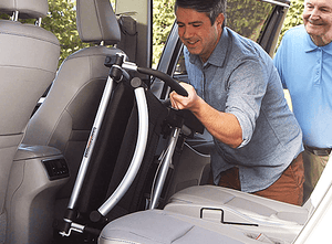 Zoomer - Black|Zoomer - Blue|Quick guide to the Zoomer|Lightweight 52# and easy to drive inside or outside|Joystick comes standard on right but can easily remount on the left by user|Comfort Seating|25 inch turning radius for easy indoor turns|Easy to fold - step 1 pull the cable|Easy to fold - step 2 fold the chair|Easy to fold - step 3 roll away|Slide up to the table or desk with no problem||Easily Scales up to a 10° incline|Fits in nearly any vehicle within seconds