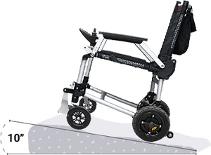 Zoomer - Black|Zoomer - Blue|Quick guide to the Zoomer|Lightweight 52# and easy to drive inside or outside|Joystick comes standard on right but can easily remount on the left by user|Comfort Seating|25 inch turning radius for easy indoor turns|Easy to fold - step 1 pull the cable|Easy to fold - step 2 fold the chair|Easy to fold - step 3 roll away|Slide up to the table or desk with no problem||Easily Scales up to a 10° incline|Fits in nearly any vehicle within seconds